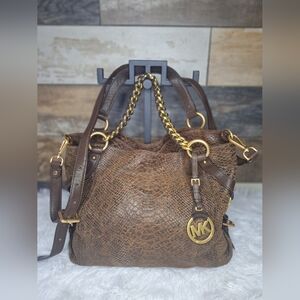 Michael Kors Brown Leather Snakeskin Suede Tote Bag